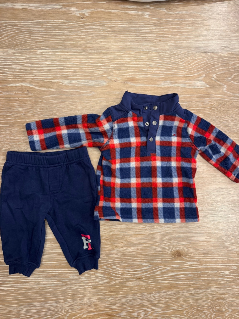 Tommy Hilfiger Navy, Red & White Plaid Fleece Pullover with pants- baby